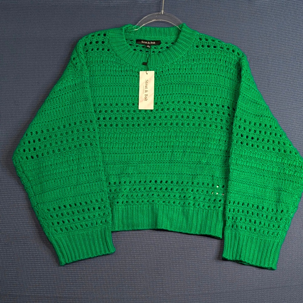 Strut & Bolt Green Open Knit Sweater Women Medium Crew Neck Long Sleeve Pullover